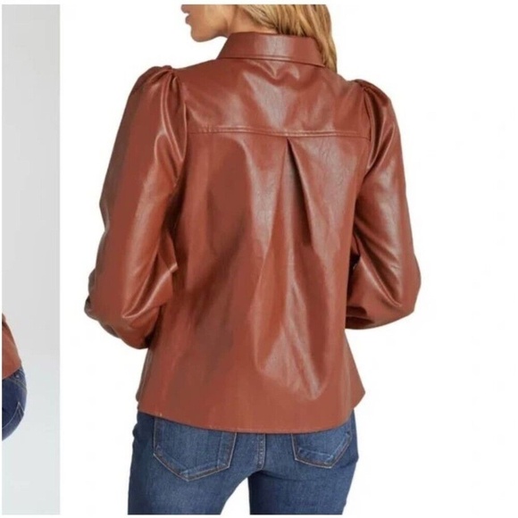 NWT VICI Pleather Vegan Leather Puffed Sleeve Button Down Shirt Caramel Brown M - Picture 3 of 11